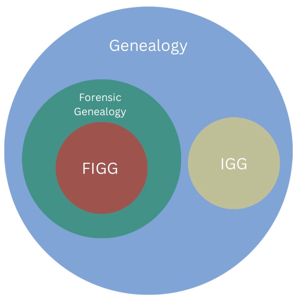 FIGG circle inside a Forensic Genealogy Circle inside a Genealogy circle. IGG is its own circle inside the genealogy circle.